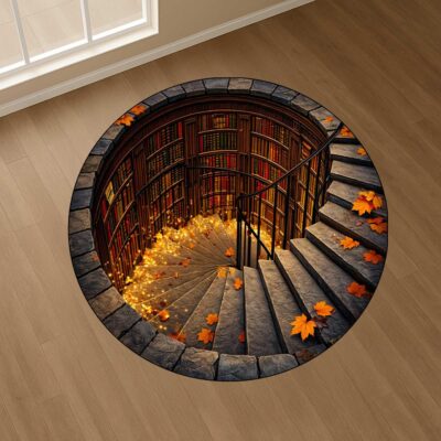 3D Fantasy Library Staircase Area Round Quilted Rug