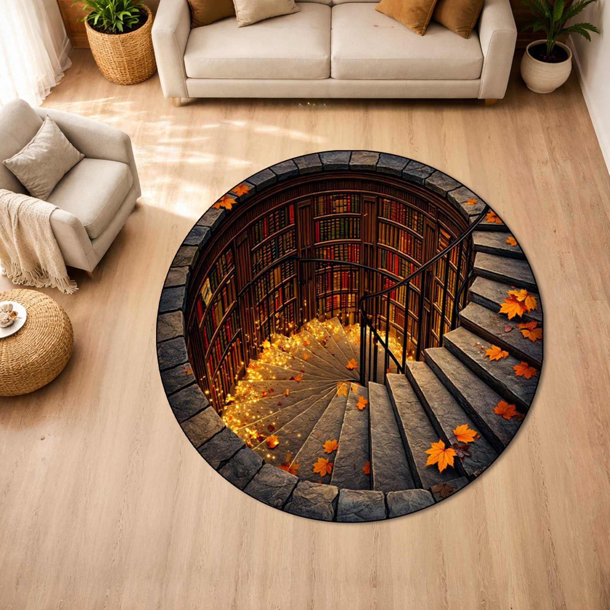 3D Fantasy Library Staircase Area Round Quilted Rug - Image 2