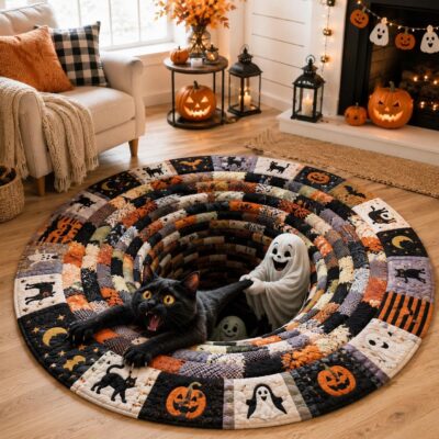 3D  Black Cat Ghost Hole Round Quilted Rug