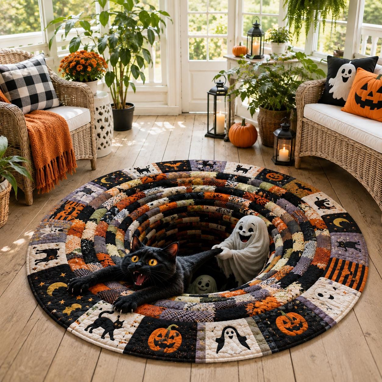 3D Black Cat Ghost Hole Round Quilted Rug - Image 2