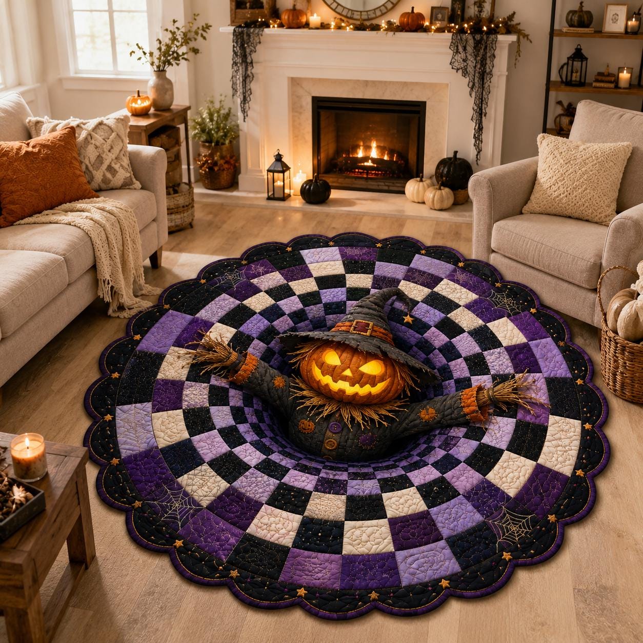 3D Pumpkin Scarecrow Purple Round Round Quilted Rug - Image 2