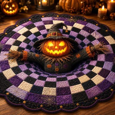 3D Pumpkin Scarecrow Purple Round Round Quilted Rug