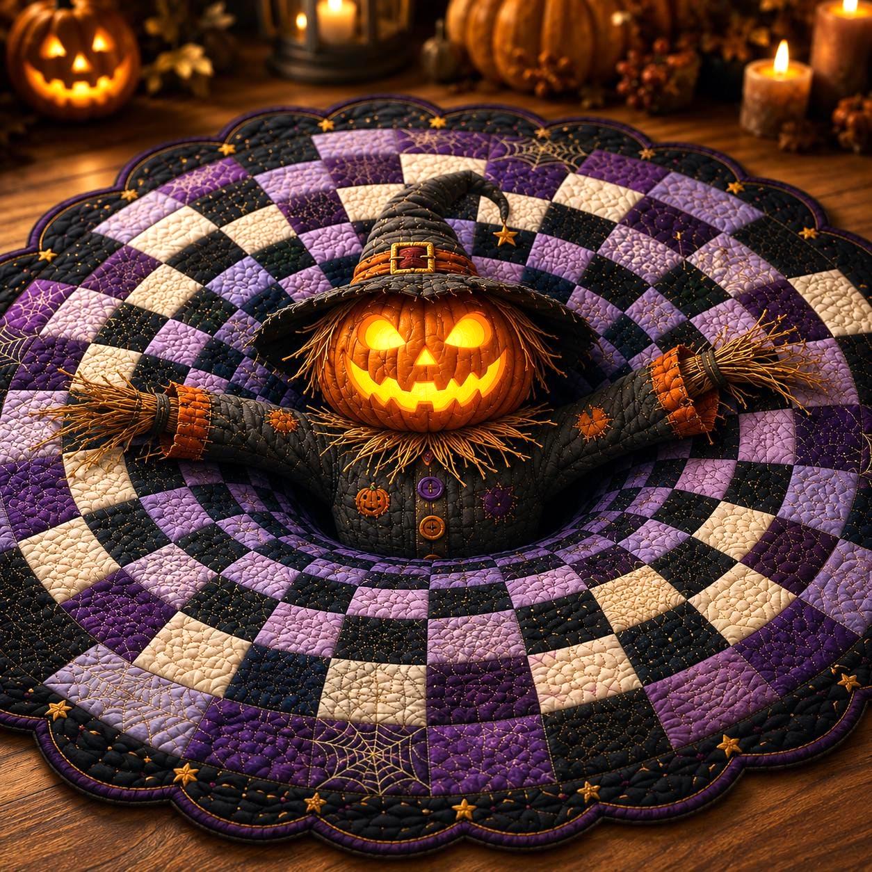 3D Pumpkin Scarecrow Purple Round Round Quilted Rug