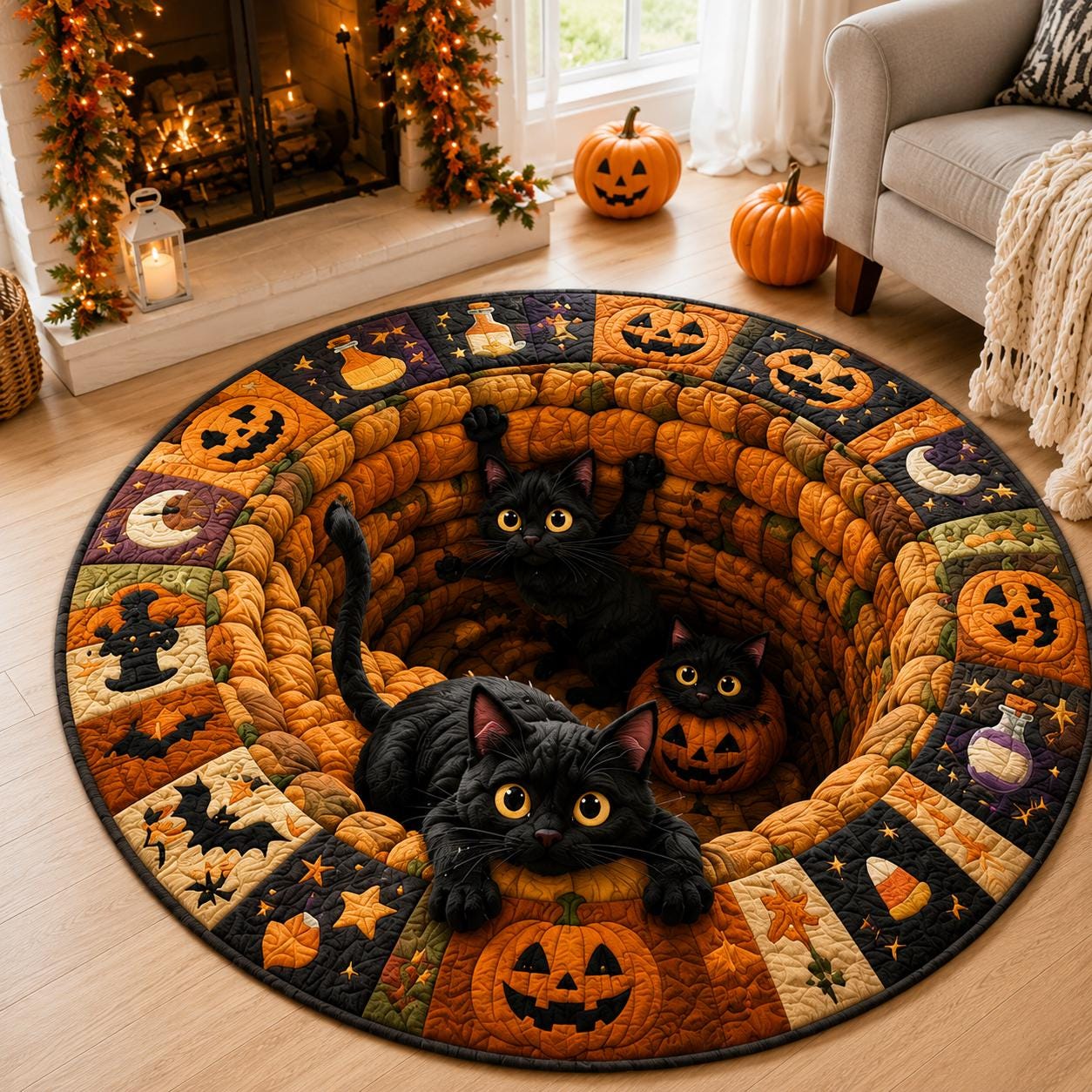 3D Black Cat Pumpkin Round Round Quilted Rug