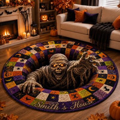 Mummy Patchwork Spooky Custom Round Round Quilted Rug