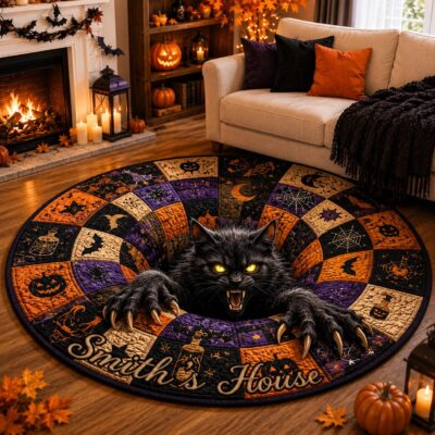 Black Cat Patchwork Custom Round Round Quilted Rug
