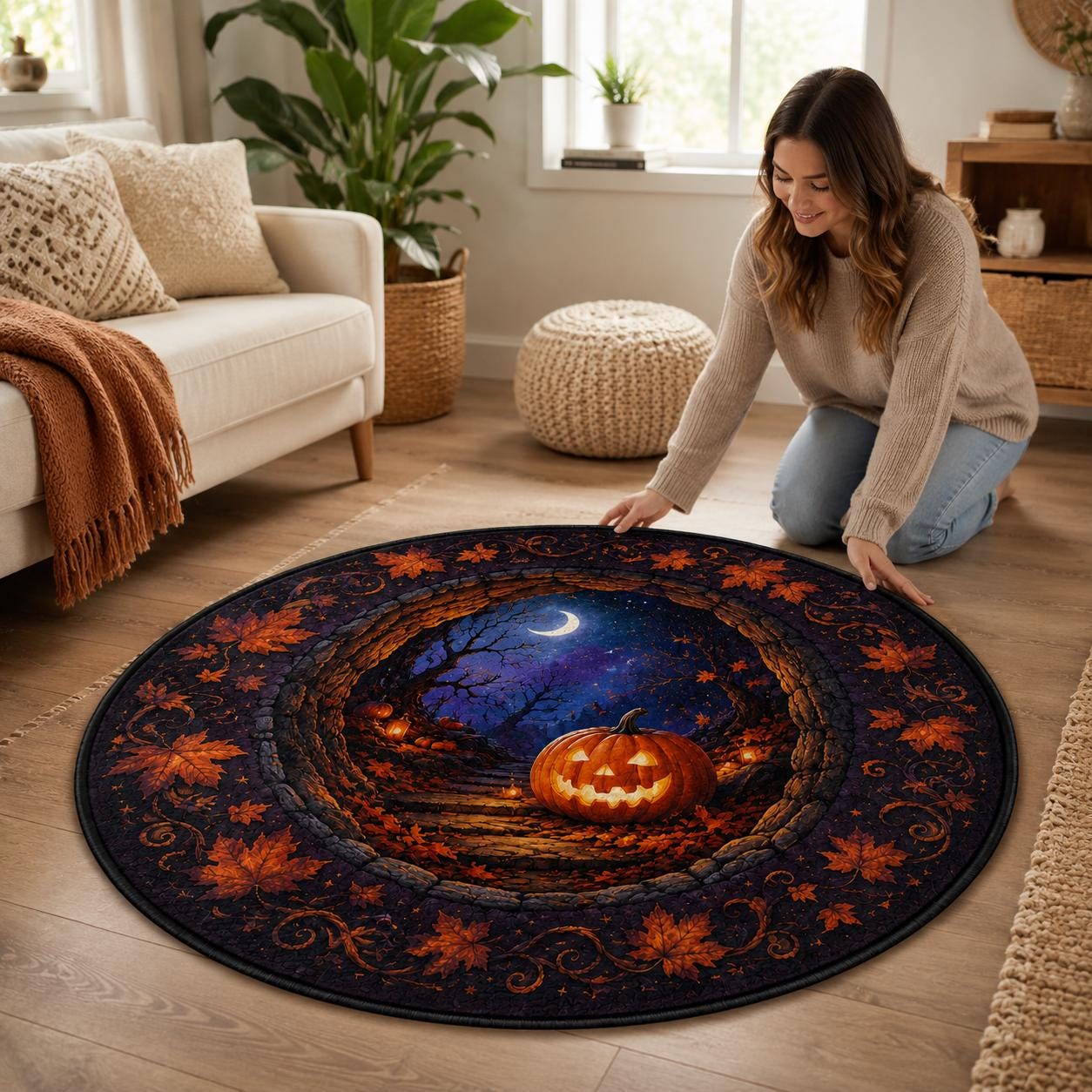 3D Haunted Pumpkin Scarecrow Round Round Quilted Rug - Image 2