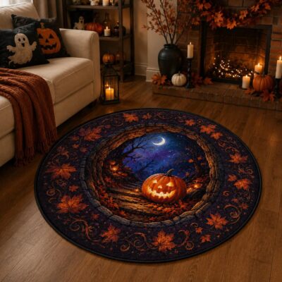3D Haunted Pumpkin Scarecrow Round Round Quilted Rug