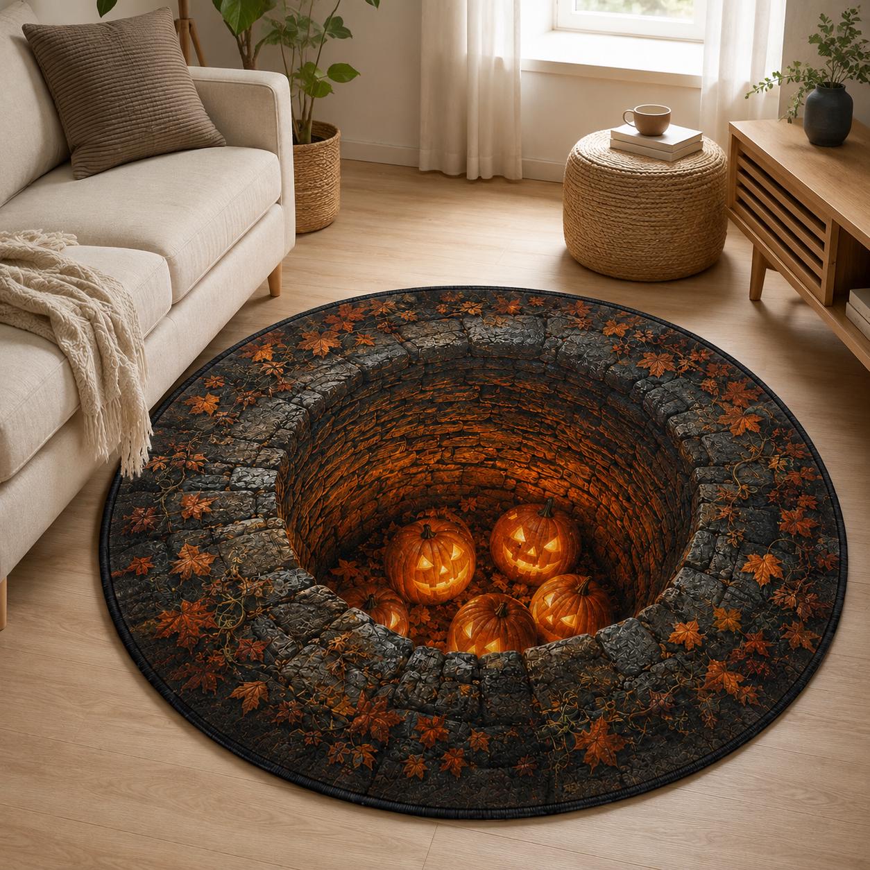 3D Pumpkin Scarecrow Optical Area Round Quilted Rug - Image 3
