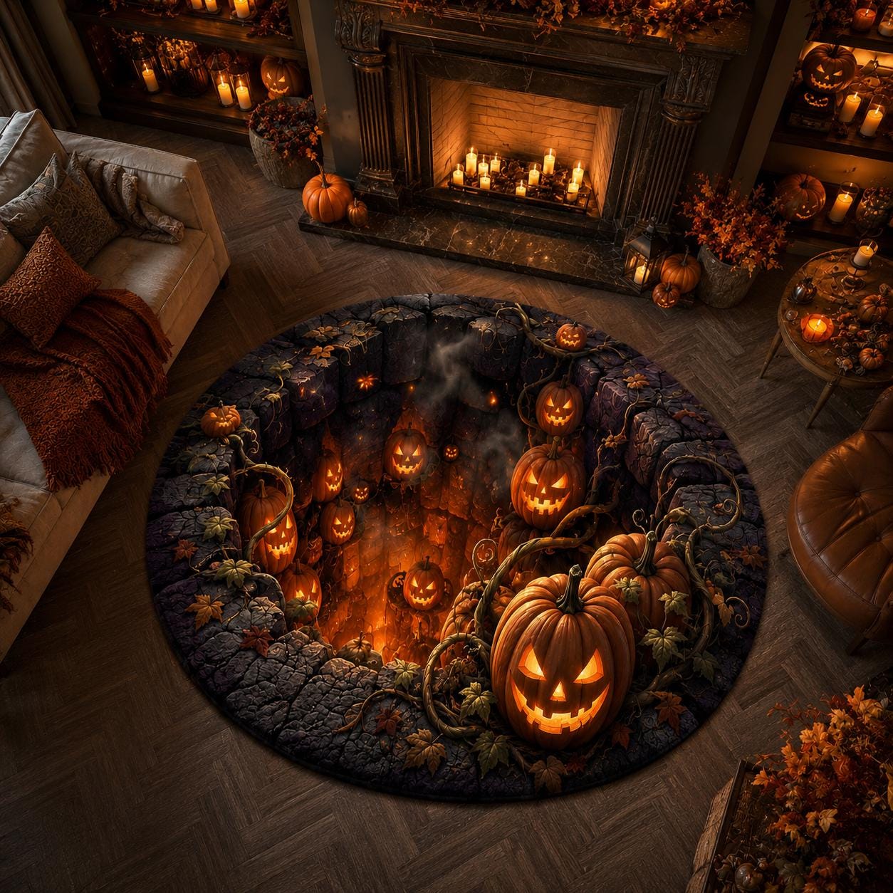 3D Jack O Lantern Pumpkin Round Quilted Rug - Image 2
