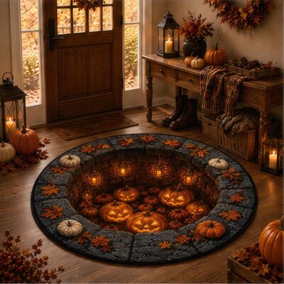 3D Pumpkin Haunted Well Round Round Quilted Rug