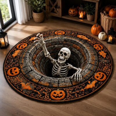 3D  Skeleton Pumpkin Bottomless Pit Round Quilted Rug