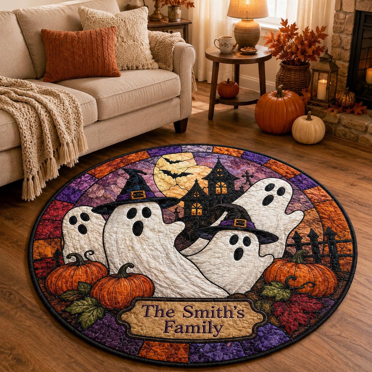 Witch Ghost Pumpkin Custom Round Round Quilted Rug
