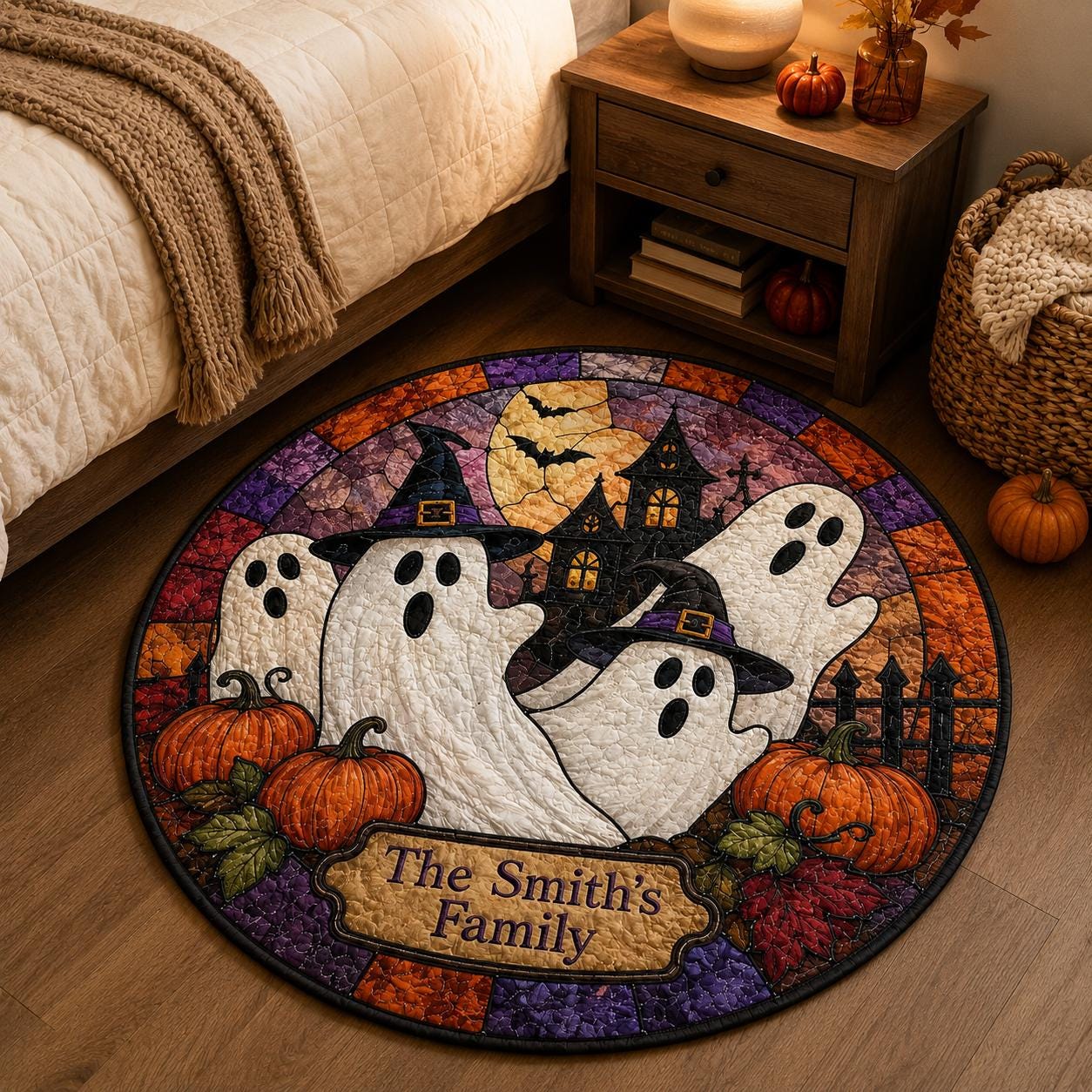 Witch Ghost Pumpkin Custom Round Round Quilted Rug - Image 2