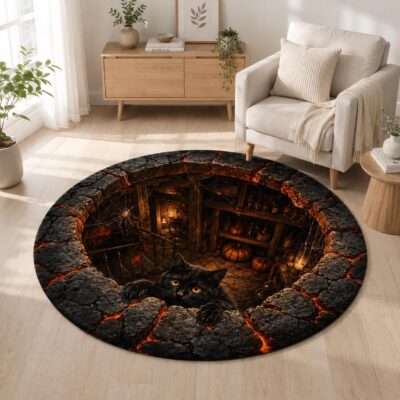 3D Black Cats Pumpkin Hole Round Quilted Rug