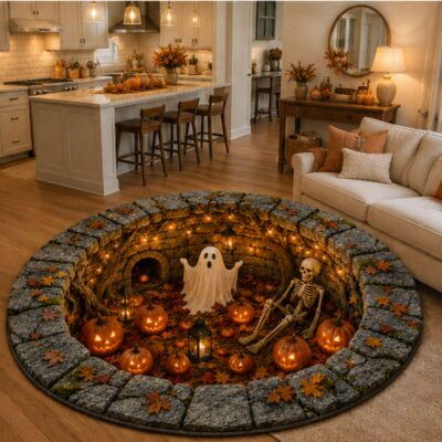 3D  Pumpkin Ghost Skeleton Round Round Quilted Rug
