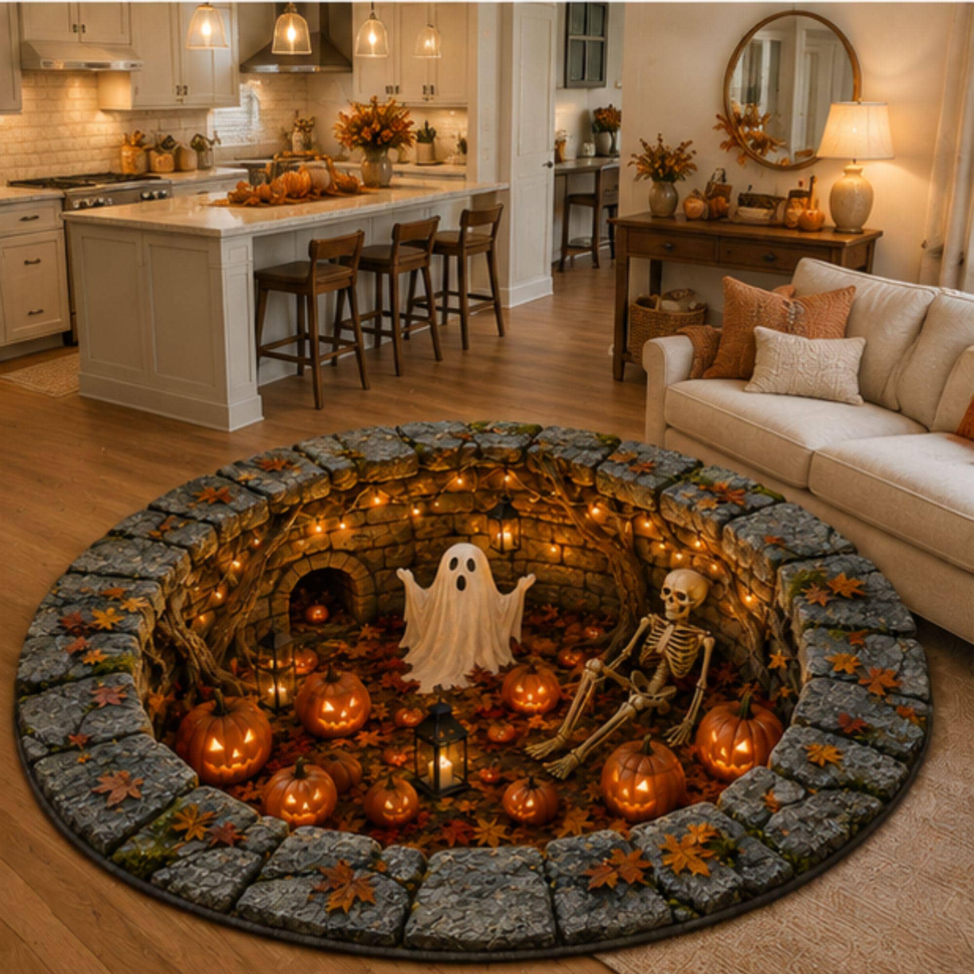 3D Pumpkin Ghost Skeleton Round Round Quilted Rug