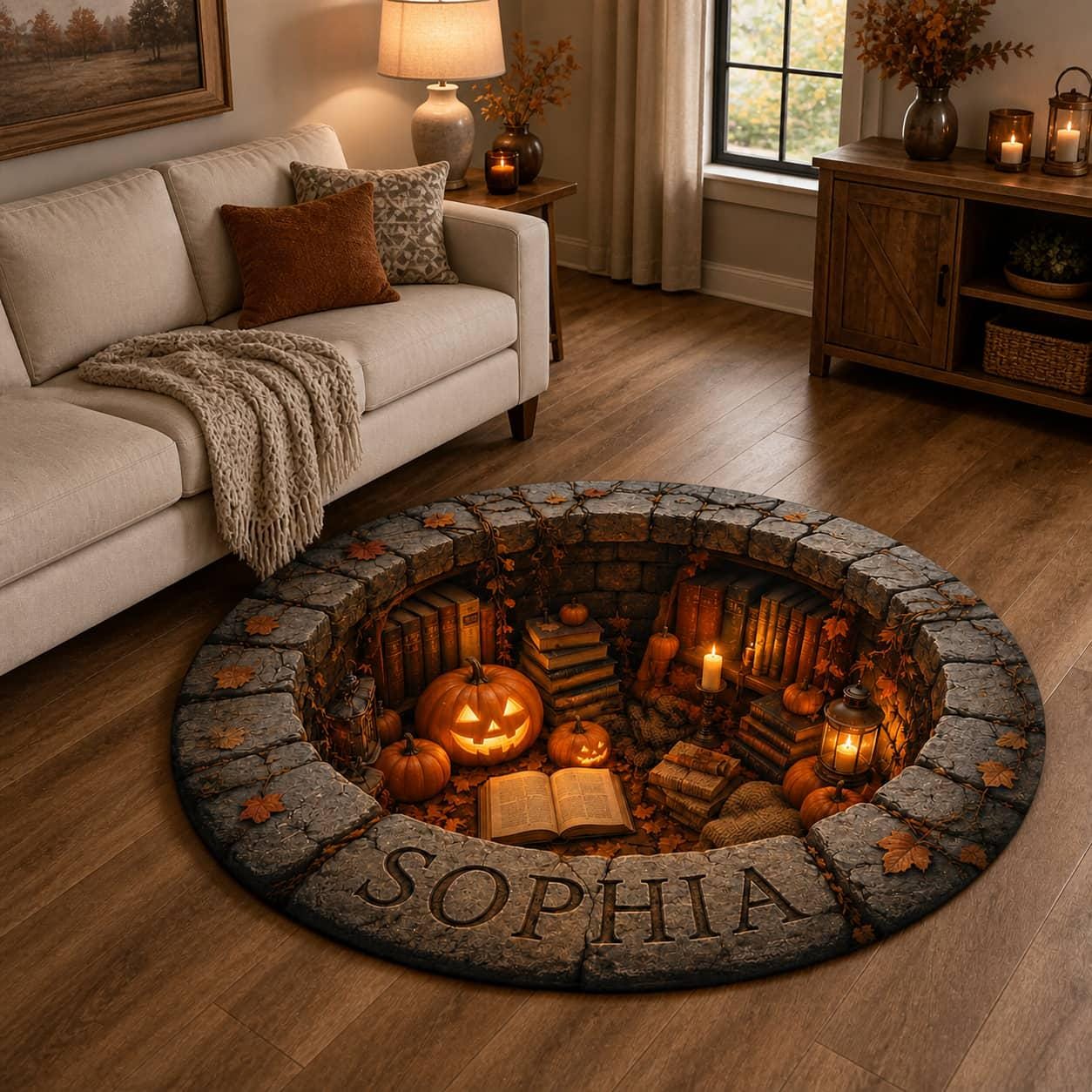 Pumpkin Book Pit Custom Round Round Quilted Rug - Image 2