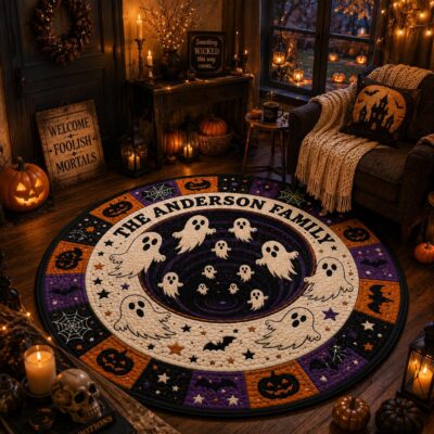Autumn Ghost Pumpkin Haunted Custom Round Quilted Rug