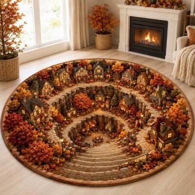 3D Harvest Village Pumpkin Round Round Quilted Rug