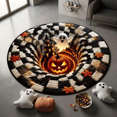 3D Ghost Pumpkin Haunted House Round Quilted Rug