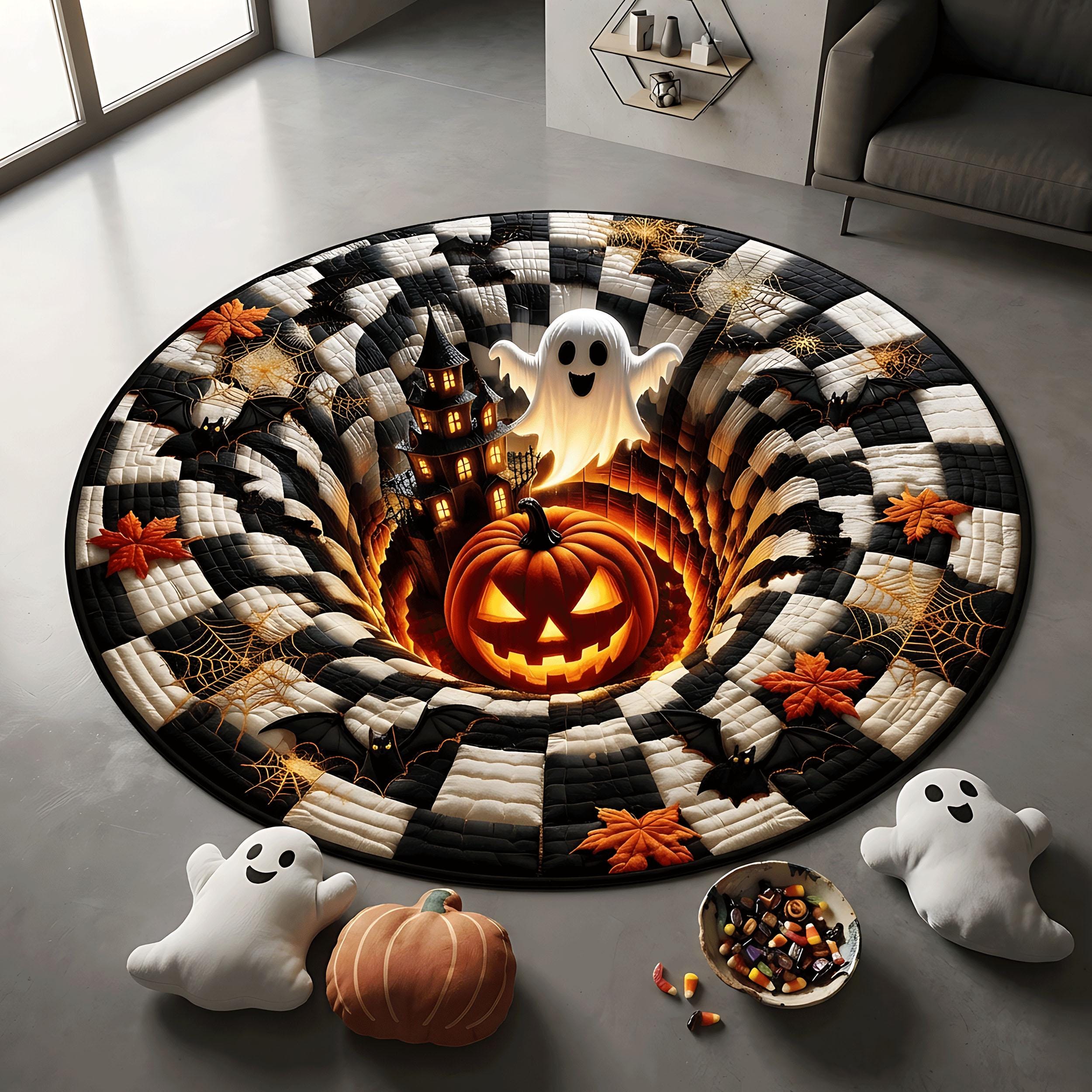 3D Ghost Pumpkin Haunted House Round Quilted Rug