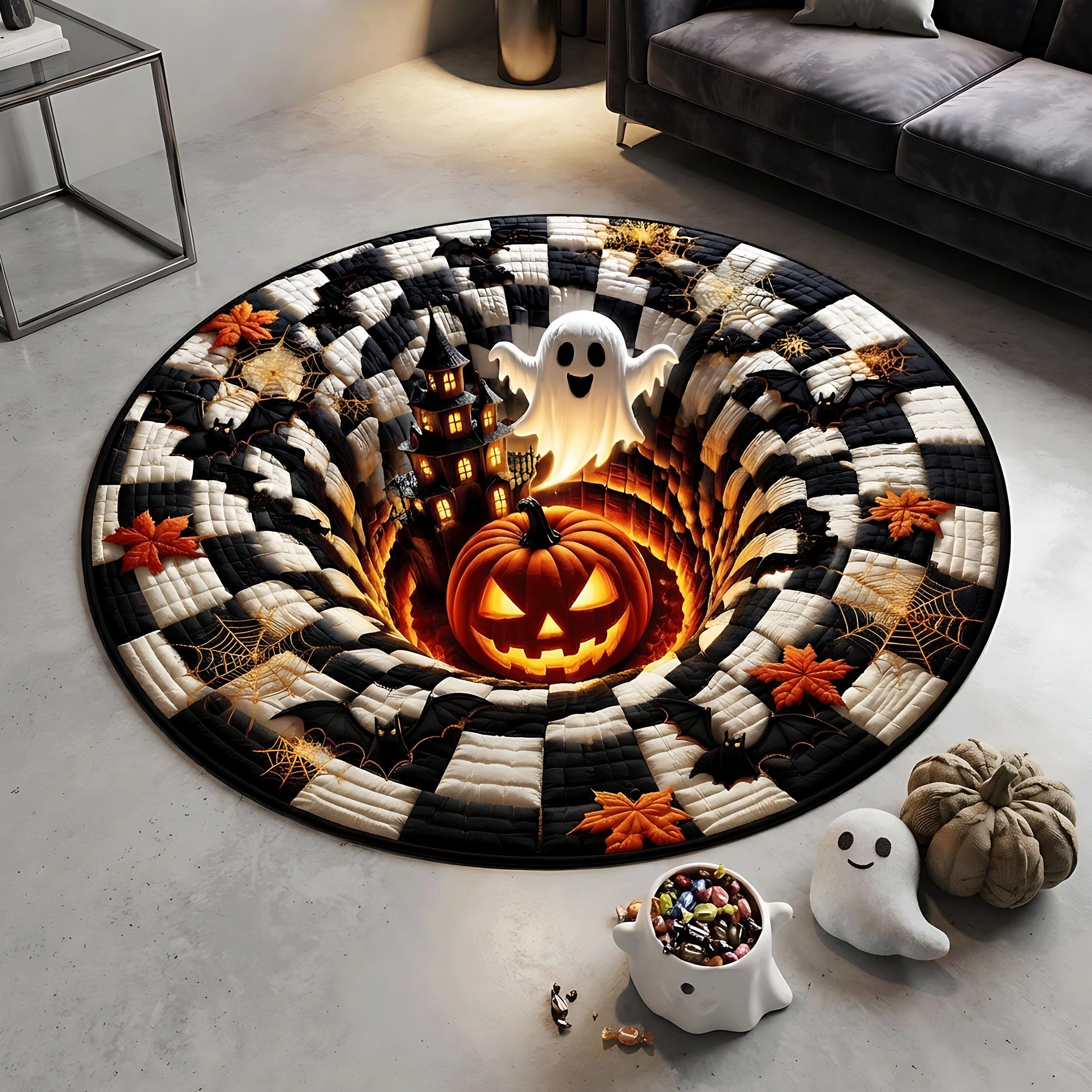 3D Ghost Pumpkin Haunted House Round Quilted Rug - Image 2