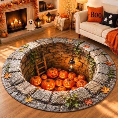 3D  Pumpkin Vortex Skeleton Area Round Quilted Rug