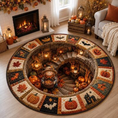 3D Scarecrow Pumpkin Harvest Round Round Quilted Rug