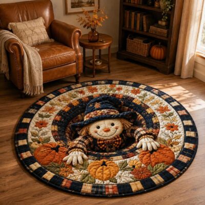 3D Scarecrow Pumpkin Patchwork Area Round Quilted Rug
