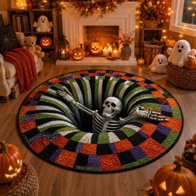 3D  Skeleton Haunted Horror Round Round Quilted Rug