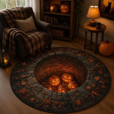 3D Pumpkin Scarecrow Optical Area Round Quilted Rug