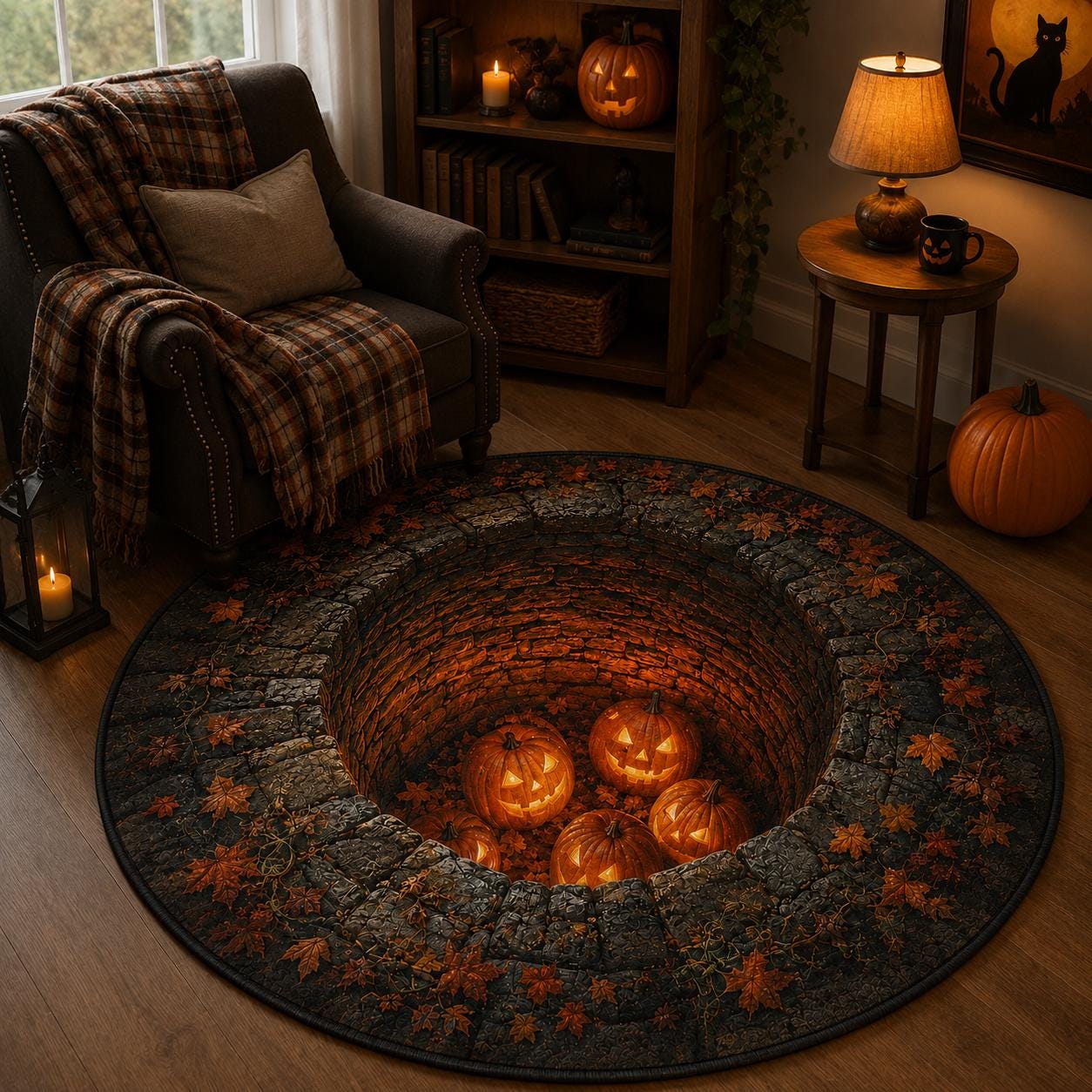 3D Pumpkin Scarecrow Optical Area Round Quilted Rug