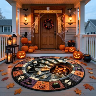 3D Ghost Stairs Haunted Well Round Quilted Rug