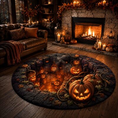 3D  Jack O Lantern Pumpkin Round Quilted Rug