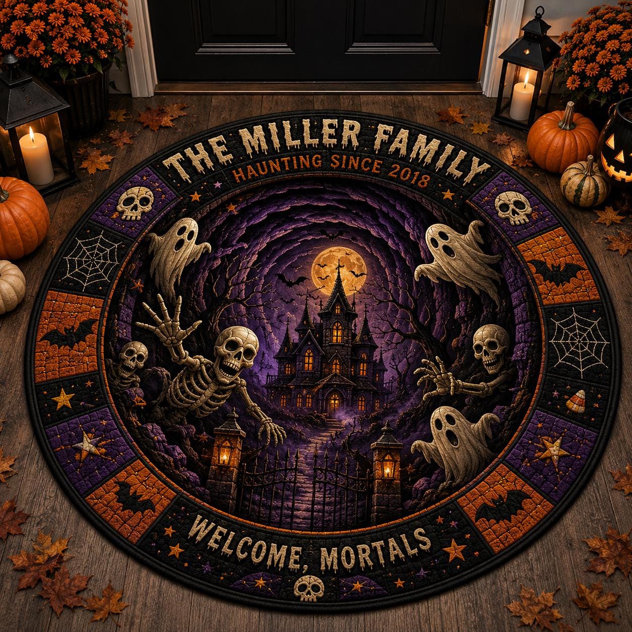 Haunted Skeleton Family Custom Round Round Quilted Rug