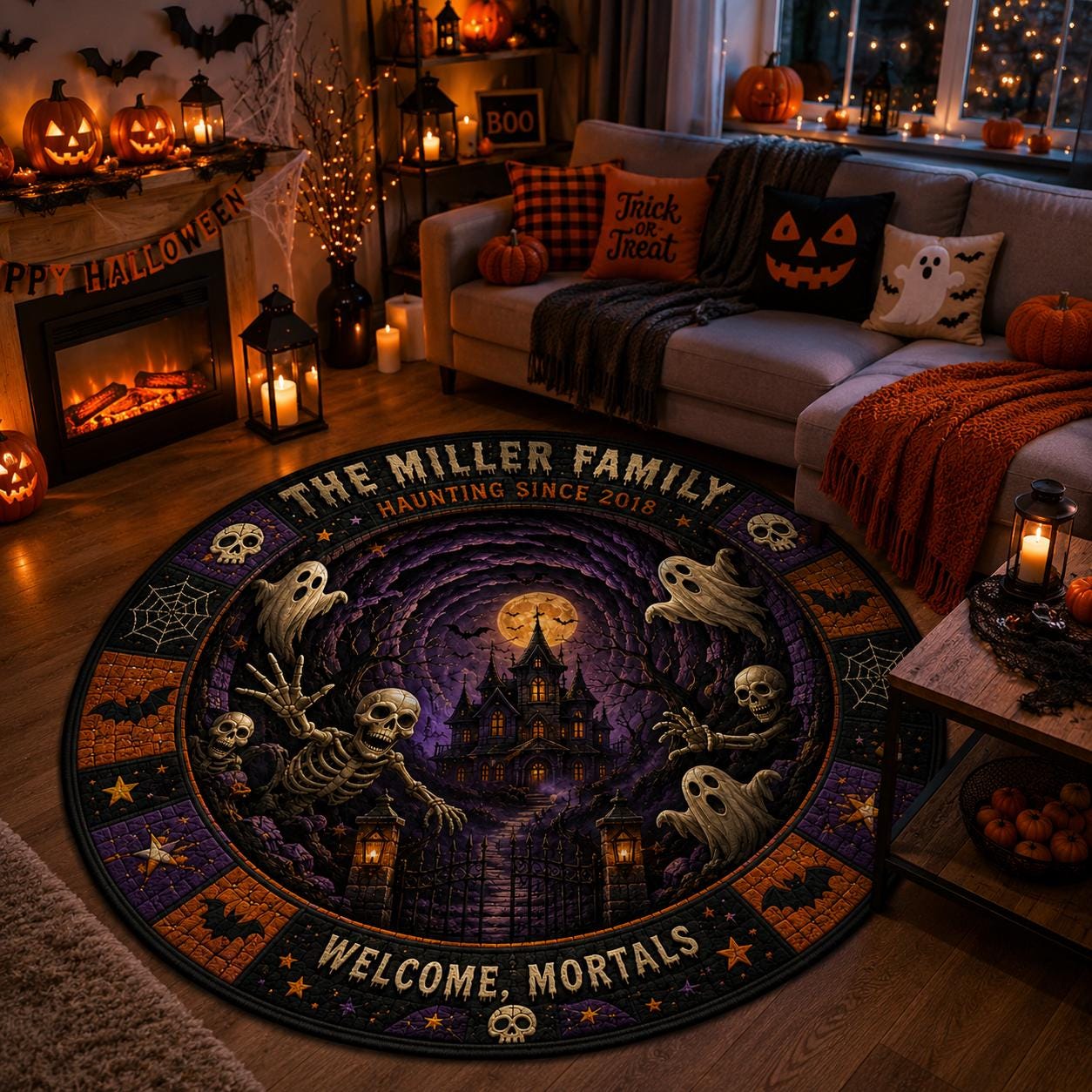 Haunted Skeleton Family Custom Round Round Quilted Rug - Image 2