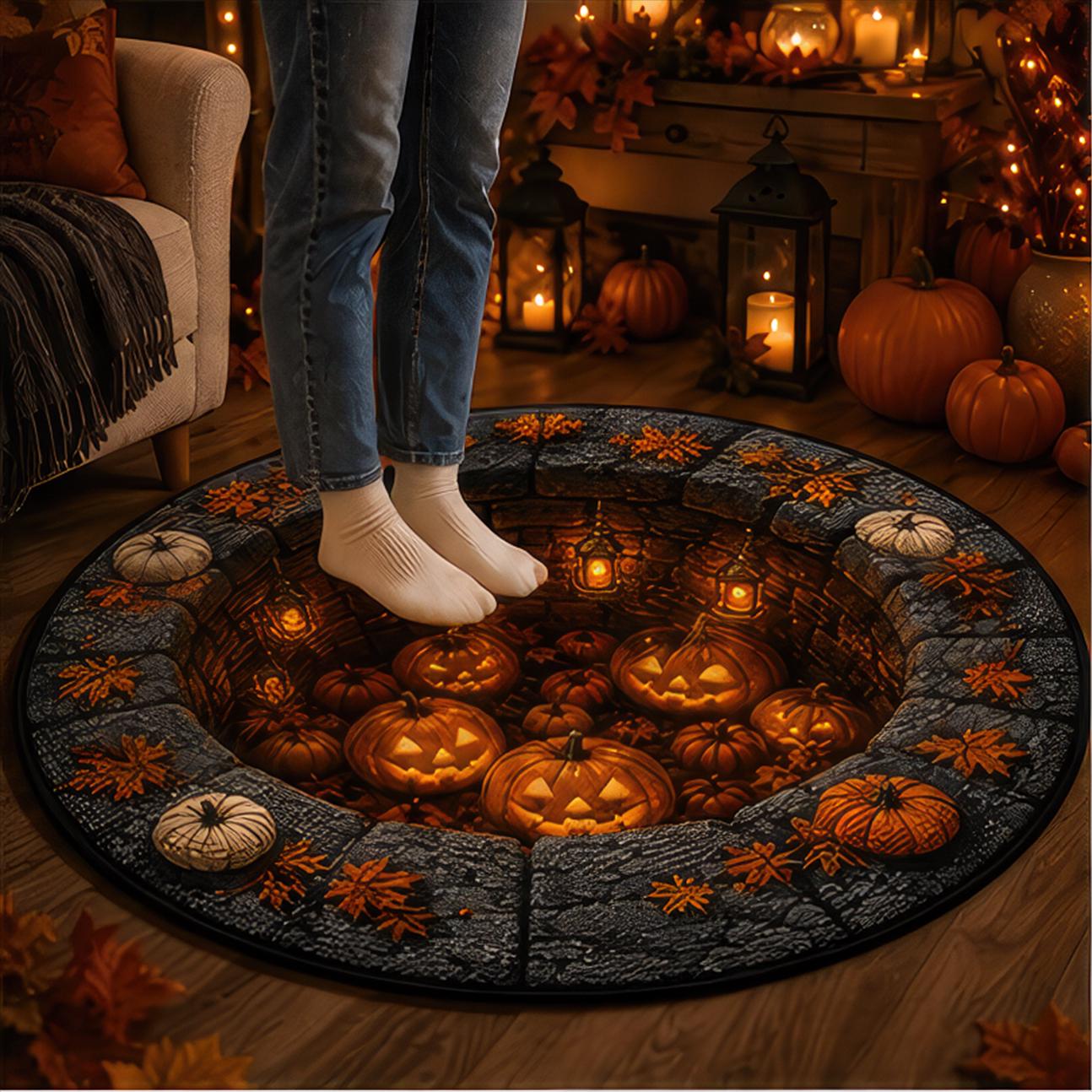 3D Pumpkin Haunted Well Round Round Quilted Rug - Image 2