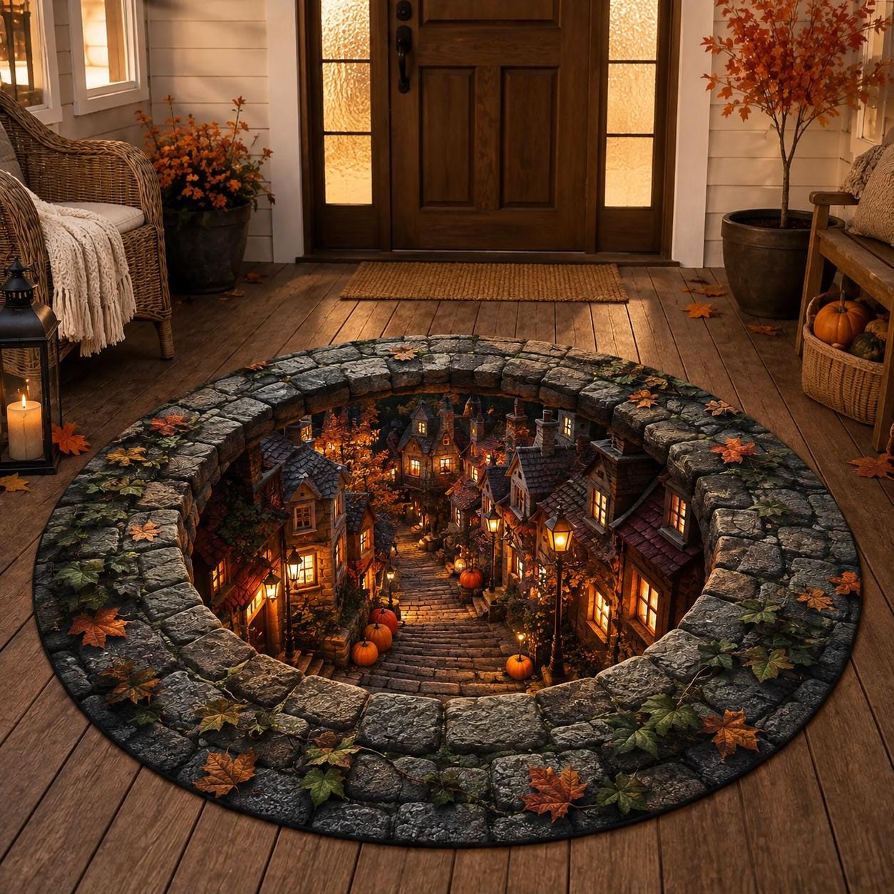 3D Enchanted Autumn Cottage Round Round Quilted Rug
