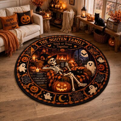 Skeleton Pumpkin Illusion Custom Round Round Quilted Rug