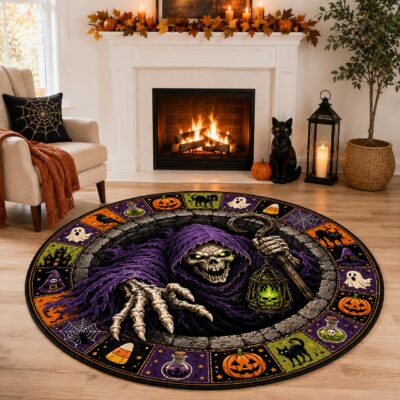 3D Grim Reaper Skeleton Round Round Quilted Rug