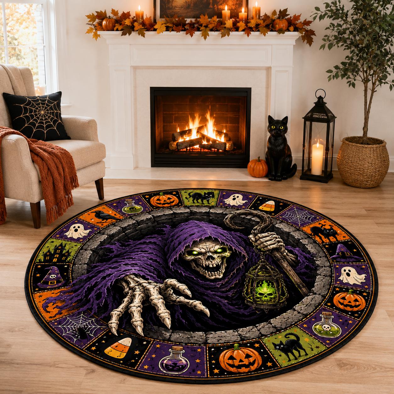 3D Grim Reaper Skeleton Round Round Quilted Rug