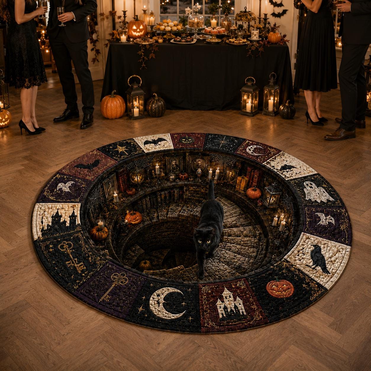 3D Black Cat Autumn Vortex Round Quilted Rug - Image 2