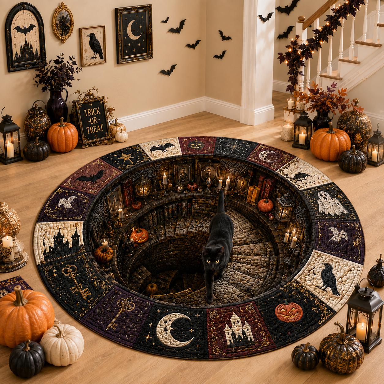 3D Black Cat Autumn Vortex Round Quilted Rug