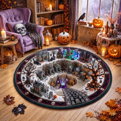 3D  Graveyard Haunted Village Vortex Round Quilted Rug