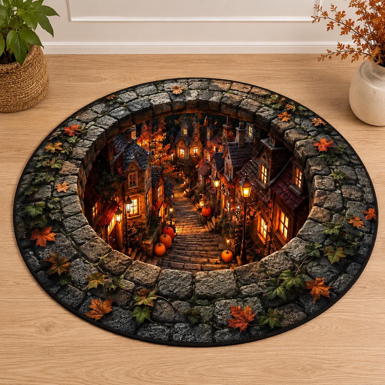 3D Enchanted Autumn Cottage Round Round Quilted Rug - Image 2