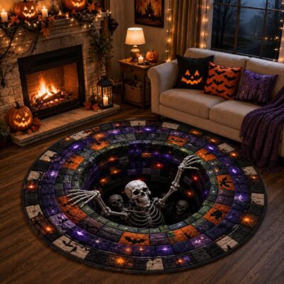3D Skeleton Pit Quilted Round Round Quilted Rug