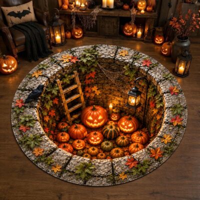 3D Gothic Pumpkin Vortex Floor Round Quilted Rug
