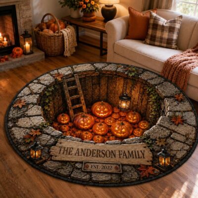 Pumpkin Vortex Skeleton Custom Round Quilted Rug
