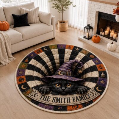 Black Cat Witch Custom Round Round Quilted Rug